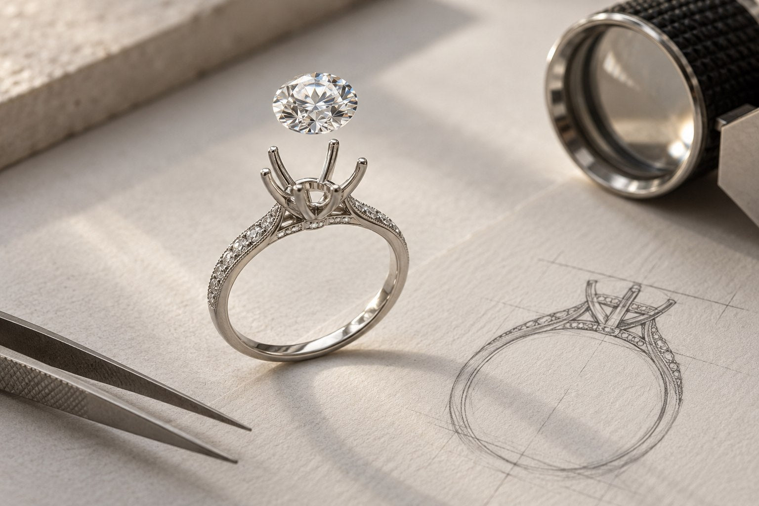 Conceptual engagement-ring setting and centre stone beside a design sketch