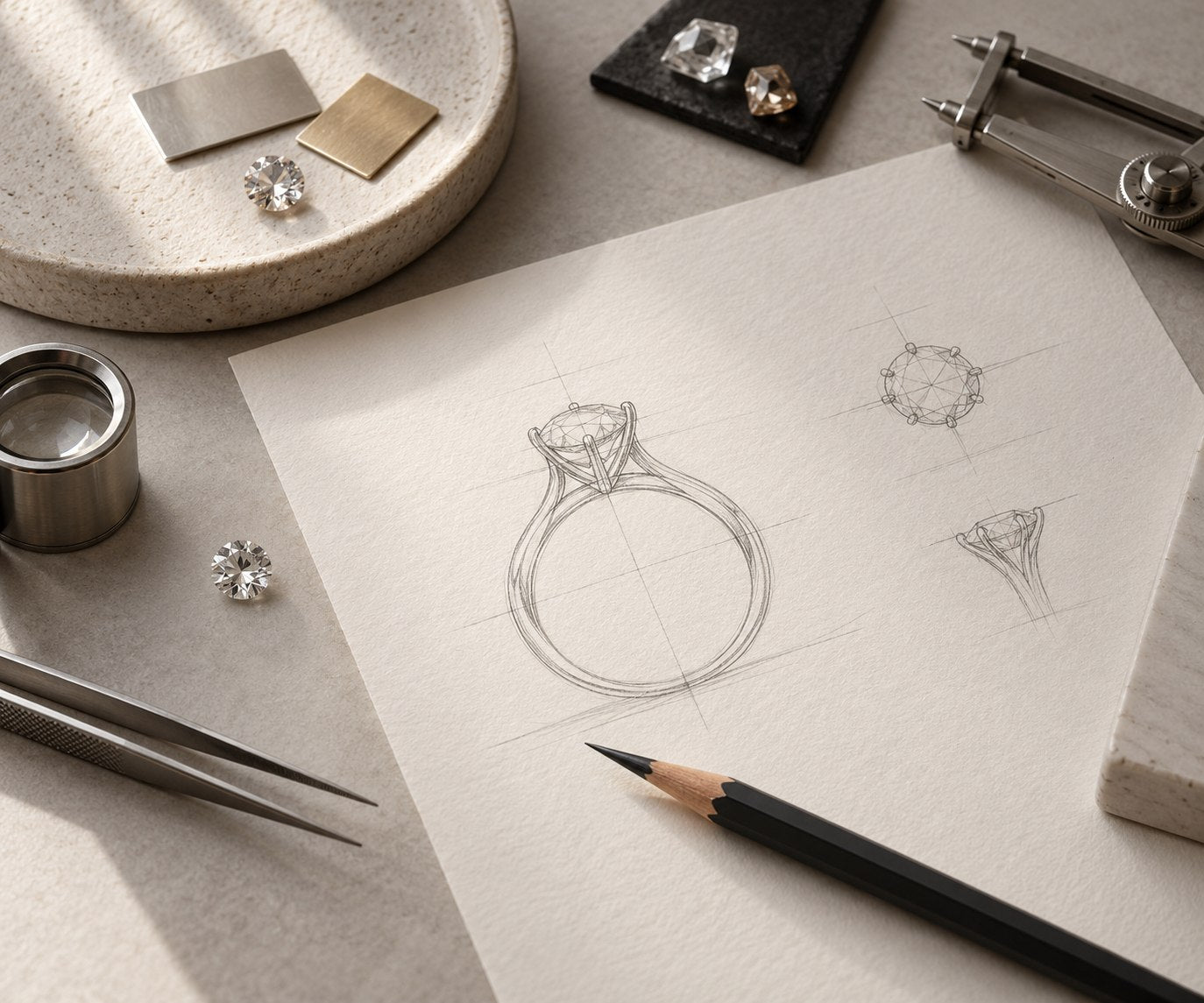 Conceptual ring consultation with design sketches and material samples