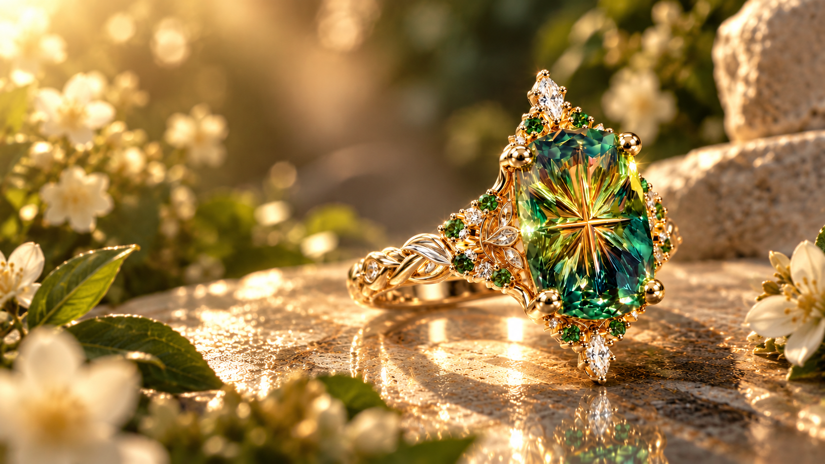 Gold ring with a large green gemstone on a sunlit stone surface